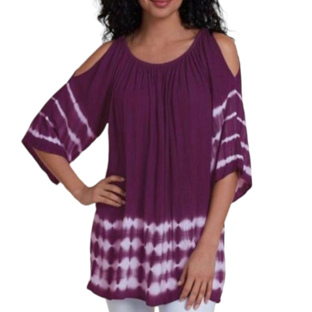 Soft Surroundings Purple White Cold Shoulder Tie Dye Gauzy Tunic Top M Boho